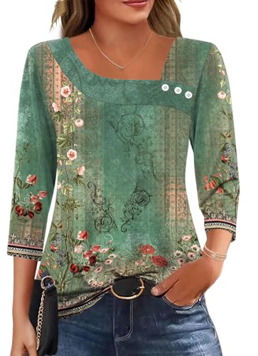 Kistore Business Outfit Damen Elegant 3/4 Langarm Oberteile Unregelmäßiger Kragen Mit Zuknöpfen Tunika Bluse Sommer Boho Druck Kleidung Basic Oversized Tops (XL,Grüner Retro-Druck)
