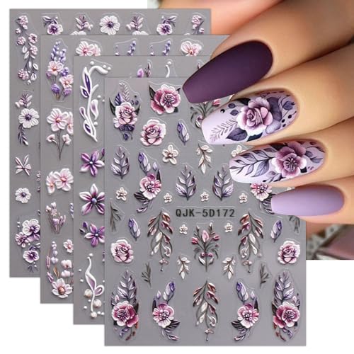 JMEOWIO 3D Nagelsticker Blumen Nail Art Sticker Selbstklebend Nagelaufkleber 5D Stereoskopisch Frühling Sommer Dekoration Nageldesign Zubehör 4 Blatt