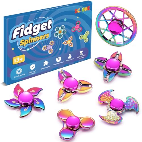 SCIONE 6er-Set Fidget Spinner Metall - Geschenkidee für Weihnachten, Kinder & Erwachsene, Regenbogen Fidget Toy, Langlebig mit Ultraschwenkbaren Lagern (3-5 Min Drehzeit), Stressabbau & Fokus