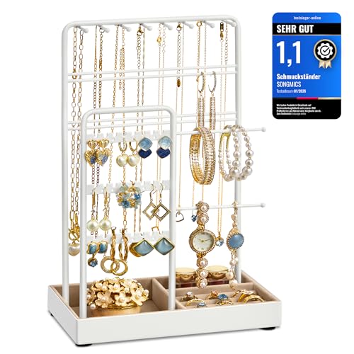 SONGMICS Schmuckständer, Schmuckhalter, Metallrahmen, Schmucktablett Samt, Schmuckaufbewahrung für Halsketten Armbänder Ohrringe Ohrstecker Ringe, Geschenkidee, weiß JJS021W01