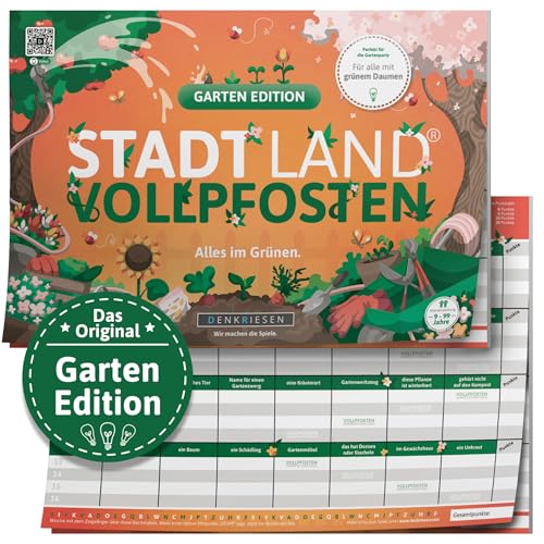 DENKRIESEN - Stadt Land VOLLPFOSTEN® - Garten Edition | DIN A4 Spielblock | Ab 9 Jahren | Stadt Land Fluss | Familienspiel | Perfekt für Gartenpartys | Gesellschaftsspiel für die ganze Familie