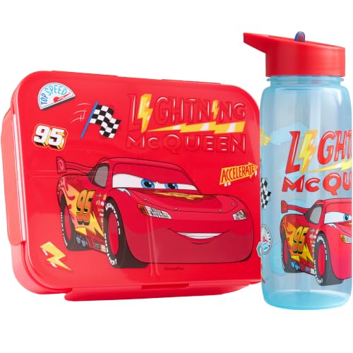 Get Trend Disney Cars Brotdose Kinder & 640ml Trinkflasche Set, 1,75L Snackbox mit Fächern, Spülmaschinenfest & Mikrowellengeeignet BPA Frei Bento Lunchbox Schule & Freizeit (Multi Lightning McQueen)