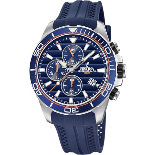 Festina Herren Uhr Analog mit Blauem Kautschukarmband - Quarzwerk - Sportliche Herrenuhr - Chronograph - Kalender - Widerstandsfähiges Mineralglas - Wasserdicht bis 10 ATM F20370/1 Special Prices