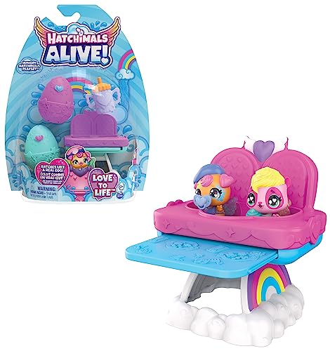 Hatchimals Alive Zwillingshochstuhl Spielset - mit 2 Mini-Figuren in selbstschlüpfenden Eiern, 3 Accessoires und magischen Spielideen, Spielzeug für Kinder ab 3 Jahren