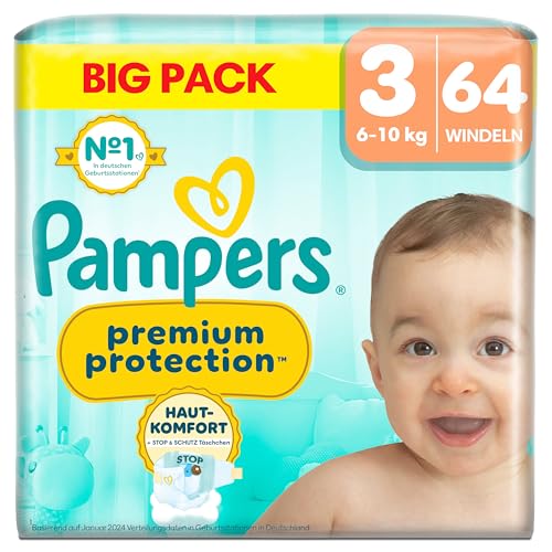 Pampers Premium Protection Größe 3, 64 Windeln, 6kg-10kg, Doppelter Schutz für die Haut und vor Auslaufen