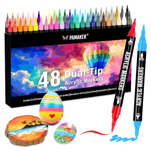 Pamaker 48 Farben Acrylstifte Set – Acrylmarker mit feiner Spitze und Pinsel für Stoff, Leinwand, Glas, Holz und Papier – zum Zeichnen und DIY-Bastelprojekte