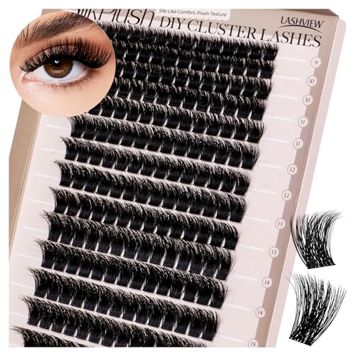LASHVIEW W03 Wimpern Extensions, 168 Pieces Cluster Lashes, D Curl Volume Fake Lashes, Künstliche Wimpern mit Silk Plush Soft Fluffy, DIY Cluster Eyelash at Home Style (9-16mm Mix)