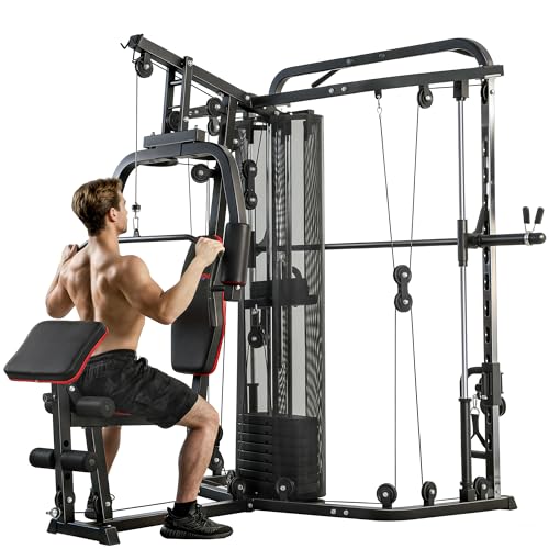 SPORTNOW Kraftstation Fitnessstation mit 65kg Gewichten, Latzug, Butterflystange, verstellbar Preacher Bank, Beintrainer, Multifunktion Smith Machine Multistation bis 120kg Fitnessgerät für Zuhause