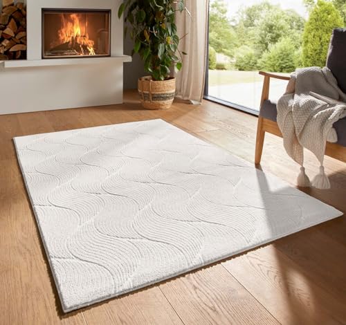 Taracarpet Kurzflor Boho Skandi Polyester Teppich in 3D Optik waschbar, pflegeleicht und robust ideal fürs Wohnzimmer, Schlafzimmer und Kinderzimmer auch als Badematte Creme Düne 160x230 cm