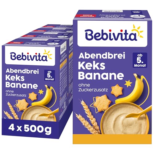 Bebivita Abendbrei Keks-Banane (4x500g), Milchbrei ab 5. Monat, ohne Zuckerzusatz, mit wertvollen Mineralstoffen und Vitaminen, gut sättigend