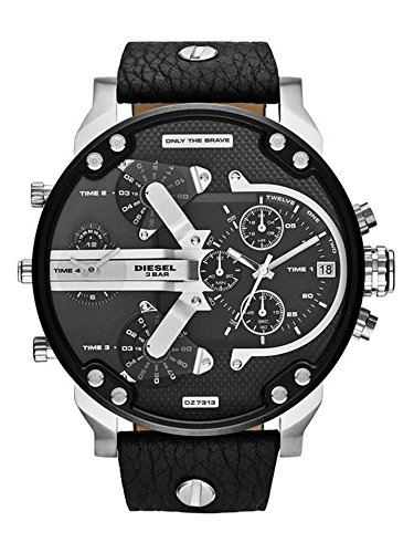 Diesel Herrenuhr Mr. Daddy 2.0, Multifunktionswerk, 57mm Silbernes Edelstahlgehäuse mit Lederarmband, DZ7313