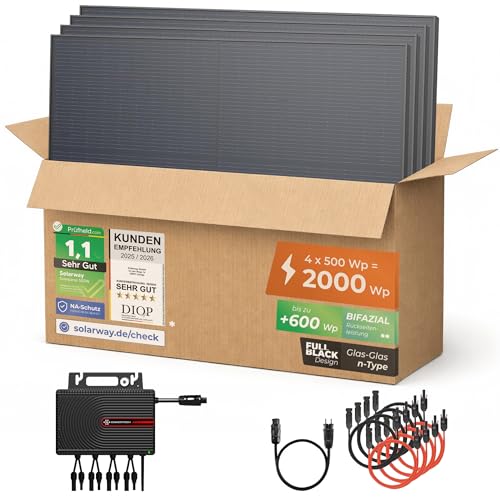 Solarway® Balkonkraftwerk 2000W komplett Steckdose - neuester 2000W Wechselrichter - Solaranlage Komplettset - 500W bifaziale Solarmodule & Envertech & Zubehör