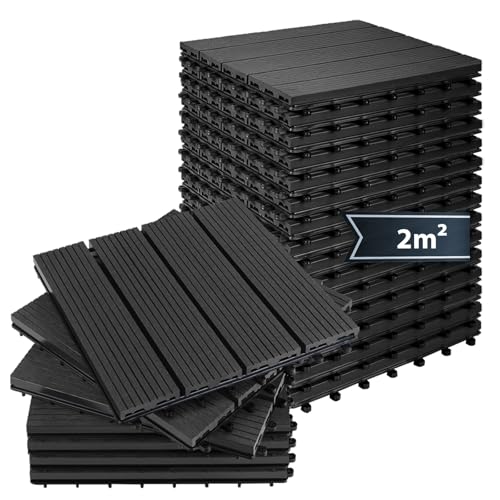 Montafox WPC Fliesen 30 x 30 cm 22 Stück / 2m² Anthrazit Terrassenfliesen Klicksystem Fliese Holzoptik Bodenbelag Klickfliesen Terrasse Balkon, Größe (Fläche):2 m² | 22 Fliesen, Farbe:Anthrazit