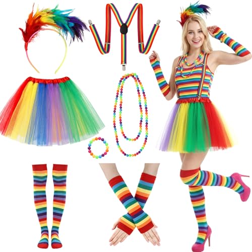 Apricitie Regenbogen Kostüm Damen 80s 90s Outfit Damen Mit Tüllrock,Lang Feder Haarreif,Riemen,Socken,Armband,Halskette,Handschuhe Faschingskostüme Für Fasching Partei