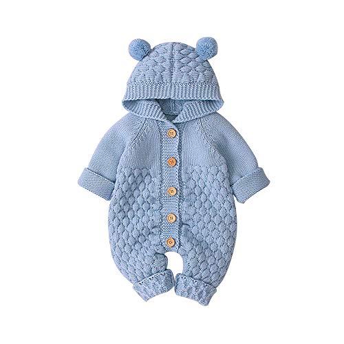VICROAD Baby Strampler Gestrickter Overall Babykleidung Kapuze mit Süßen Ohren für Jungen Mädchen Neugeborene