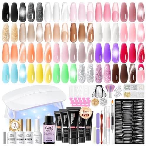PEACECOLOR Poly Nägel Gel Set 24 Farben 16 ml Poly Nagelgel Set mit Nagellampe, 30 ml Slip Solution Base Top Coat Komplettes Poly NagelgelSet für Anfänger