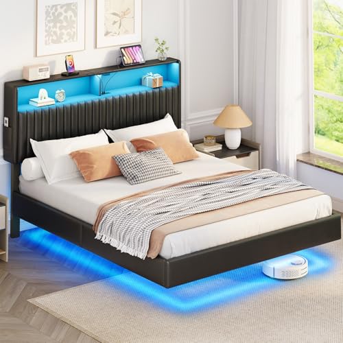 Seventable Metallbett 140x200 cm mit LED-Beleuchtung, inkl. Lattenrost, Schwebendes Design, Stabil & Robust, Einfache Montage, Schwarz – Ohne Matratze