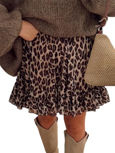 SOLY HUX Damen Rock A-Linie Röcke Leopardenmuster Sommerrock mit Rüschen Kurzer Freizeitrock Ausgestellt Minirock Casualrock Strandrock Partyrock Sommer Outfits Leo S