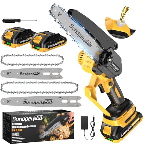 SundpeyPRO Mini Akku Kettensäge 8 & 6 Zoll - 21V Bürstenlose Mini Kettensäge mit Akkus 2x2.0Ah，Automatischer Öler und Werkzeugloser Kettenspannung，Einhand Akku-Astsäge zum Beschneiden von Holz, Ästen