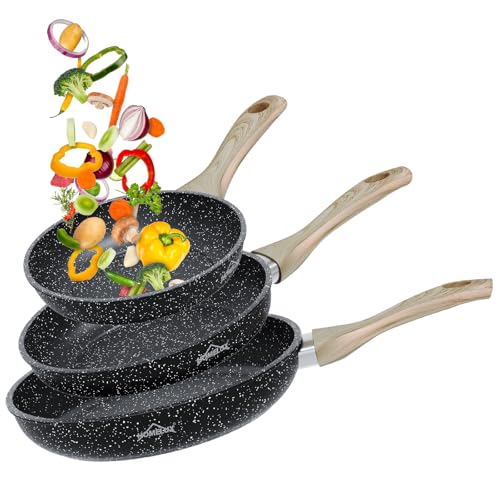 HOMELUX Pfanne, 20/24/28 cm Pfannenset, 3 teilig Pfannenset Induktion, Antihaft-Doppelt Beschichtung Bratpfanne, Holzgriff, Kohlenstoffstahl Frying Pan Geeignet für Alle Herdarten