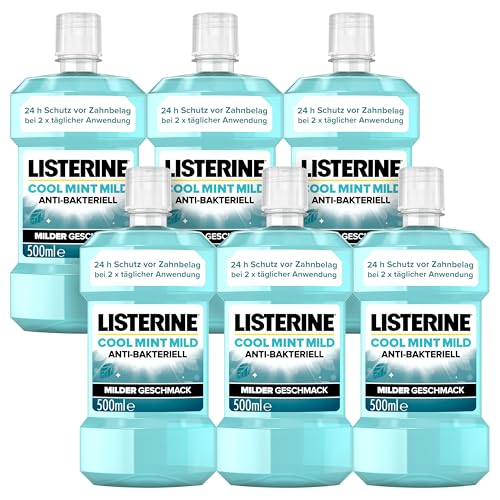 LISTERINE Cool Mint Mild 6 x 500 ml, antibakterielle Mundspülung mit ätherischen Ölen und ohne Alkohol, mildes Mundwasser bekämpft wirksam Bakterien, optimale Ergänzung zur täglichen Zahnpflege