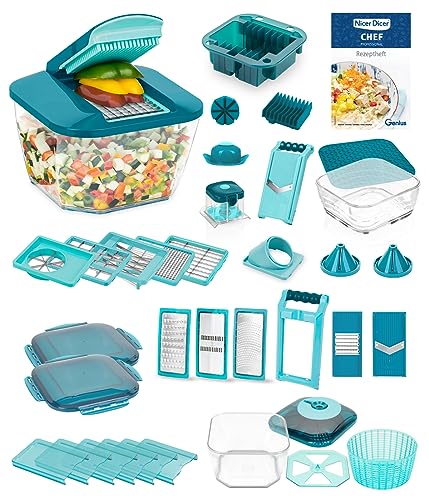 Nicer Dicer Chef Professional Deluxe Gemüseschneider manuell 39-tlg, Gemüsehobel mit 5.2L Behälter und 2.8L Glassschüssel Deckel, Spiralschneider Pommesschneider Küchenhelfer mit einfacher Reinigung