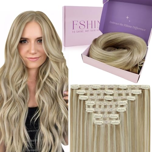 Fshine Unsichtbar Clip in Extensions Echthaar, 45cm 120g 7 Stücke Haarverlängerung Echthaar Clip in Extensions Aschblond Hervorgehobenes Goldblond Farbe 16P22
