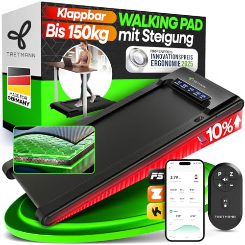 NEU Tretmann Walking Pad mit Steigung klappbar – extra leise [LongLife Laufdeck] mit App bis 150 kg belastbar | Patent EMS-Filter | Walking Pad leise Laufband für Zuhause klappbar Walkingpad 150 kg
