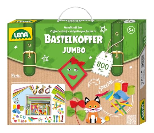 Lena Jumbo Bastelkoffer mit 800 Teilen, Bastelset bestehend aus Papier, Moosgummi, Pfeifenreiniger, Strasssteine, Wackelaugen, Pompons und Knöpfe, in bunten Farben, geeignet für Kinder ab 5 Jahren