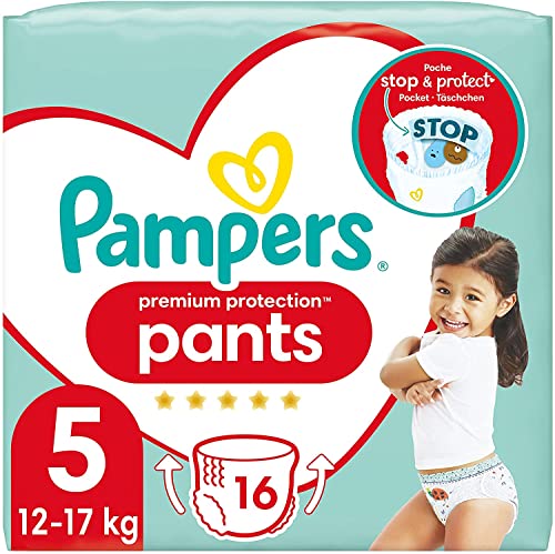Pampers Baby Windeln Pants Größe 5 (12-17kg) Premium Protection, Junior, 16 Höschenwindeln, SINGLE PACK, mit Stop- und Schutz Täschchen