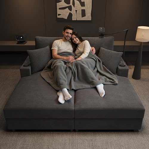 BTM Big Sofa XXL-2 sitzer Schlafsofa mit Schlaffunktion Handyhalterung, Loveseat Sofabett für Wohnzimmer, Schlafzimmer und Heimkino, Grau