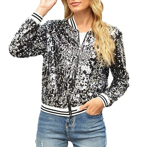 Pailletten Jacke Damen mit Reißverschluss Glitzer Bomberjacke Bolero Elegant Jacken Festliche Disco Kostüm Langarm Casual Pailettenjacke Slim Fit Winter Streetwear Top Glitzertop für Rave Party