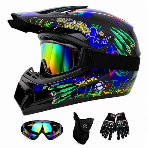 Motocross Helm Kinder, Downhill Motorradhelm für Herren und Damen, Fullface Crosshelm Komplettset mit Handschuhe Maske Brille Inklusive 2 Größen Helmfutter(MoZhuaLan, S-M(54-57cm))