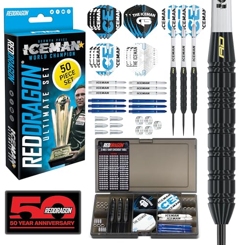 RED DRAGON Darts – Gerwyn Price Iceman – Professionelles Dartset. Ultimatives 50-teiliges Dartset mit Dartpfeilen und Zubehör