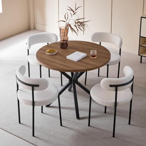 HJhomeheart Essgruppe, Runder Esstisch (100 cm) + 4 Esszimmerstühle aus Lammfell-Imitat — Bietet Platz für 4–6 Personen (Dunkelbraun + Weiß)