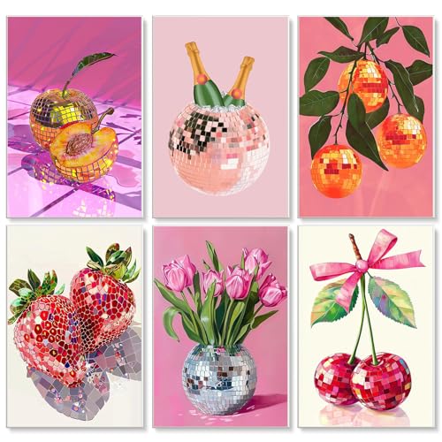 Fountor 6 Pack Discokugel Malen Nach Zahlen Erwachsene, Frucht Malen Nach Zahlen für Erwachsene auf Leinwand ohne Rahmen, DIY Acryl Adult Painting by Numbers für Home Wall Decor Geschenk 20x30 CM