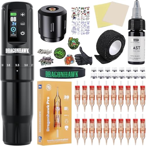 Dragonhawk Tattoo Maschine Kit kabellose Tätowiermaschine Pen Stroke Length 2.4-4.2mm Tattoo Gun Kit with 1500mAh Akku Power Supply Digital Display Tattoo nadeln Cartridges for Beginners