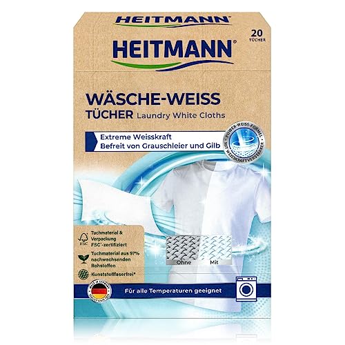 HEITMANN Wäsche-Weiß Tücher | Effektive Wäschepflege für weiße Textilien | Entfernt Grauschleier & Vergilbung ohne Bleichmittel | Ideal für strahlend weiße Wäsche | 20 Tücher für alle Stoffe