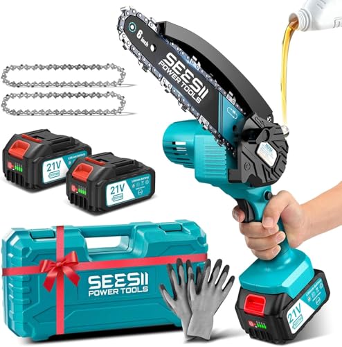 SEESII Mini Kettensäge mit Akku 8000mAh 6 Zoll, Akku Kettensäge mit Automatischer Öler und Ersatzkette, Handkettensäge Akku für Gartenscheren Astschere Holzschneidenz M6 Pro