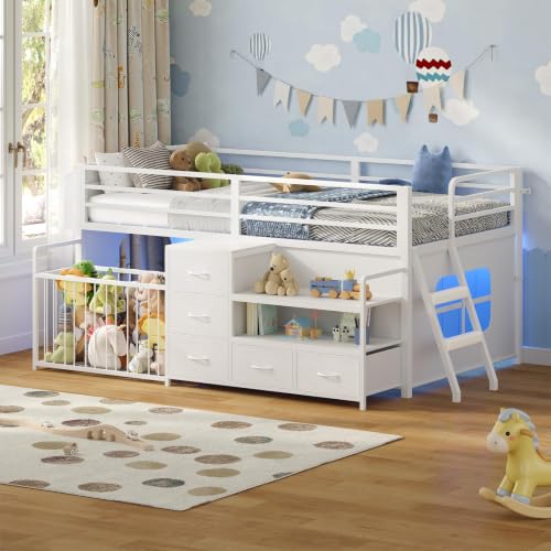 KIMENICH Hochbett 90x200, Kinderhochbett mit Kuscheltier Aufbewahrung, Bett mit 5 Schubladen, integrierte RGB LED-Beleuchtung, 13