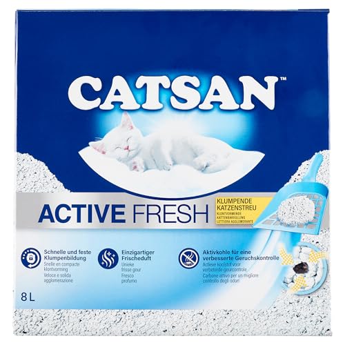 Catsan Active Fresh – Katzenstreu aus Naturton mit Aktivkohle – Effektive Bindung von Geruch und Feuchtigkeit – 1 x 8 Liter