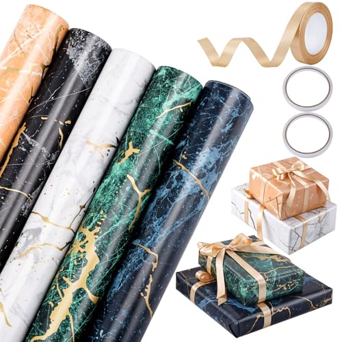 woric 5 Rollen Geschenkpapier Set, 43cm x 3m Geschenkpapier Geburtstag Marmor Weihnachtsgeschenkpapierrolle mit Schleifenband Gold für Weihnachten Geburtstag Hochzeit (5 Designs)