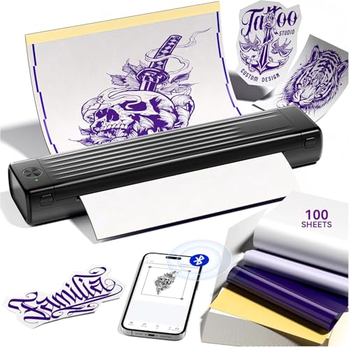 Itari A886 Tattoo Stencil Drucker Bluetooth mit 100 Blätter Papier, Schablone Drucker für Anfänger und Künstler, Thermodrucker Tattoo Maschine Nadeldrucker Kompatibel mit Smartphone & PC, Schwarz