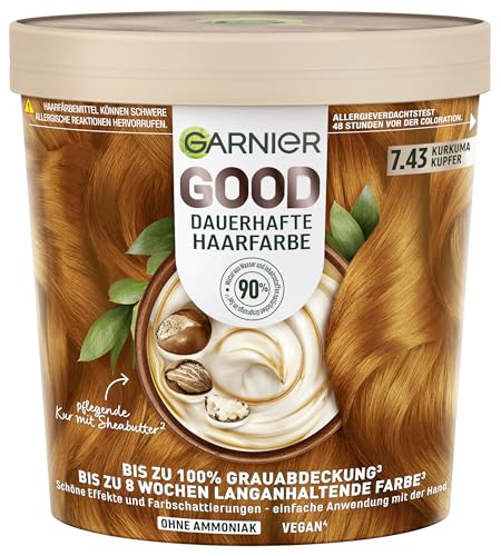 Garnier GOOD Dauerhafte Haarfarbe 7.43 Kurkuma Kupfer – Coloration ohne Ammoniak, bis zu 100% Grauabdeckung, 1 Stk.