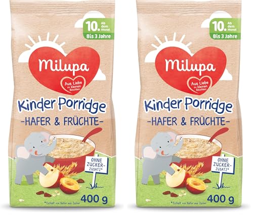 Milupa Kinder-Porridge – Hafer- & Früchtebrei ab dem 10. Monat bis 3 Jahre, Babynahrung, 1x 400 g (Packung mit 2)