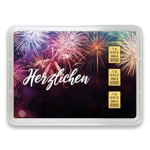 Goldbarren – Geschenk Motivbox “Herzlichen Glückwunsch” – Valcambi ESG - Feingold 999,9 (3g Gold)