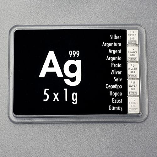 Silbertafel mit 5 x 1 Gramm Valcambi 999 Silberbarren CombiBar in Box World of Coins