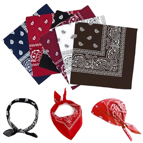 Bandana, 6 PCS Kopftuch Damen Kopftuch Herren Bandana Set, 54cm Paisley Muster Tuch Headwear Haar Schal Ansatz Handgelenk Kopf Biker (Schwarz,Weiß,Rot,Marineblau,Braun,Weinrot)