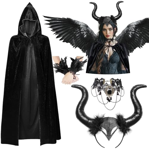 iZoeL Malefiecent Kostüm/Teufel kostüm Damen, Teufel Umhang Teufelshörner Haarreif Karneval kostüm Accessorie, Damen Mädchen outfit Karneval Fasching Mottoparty