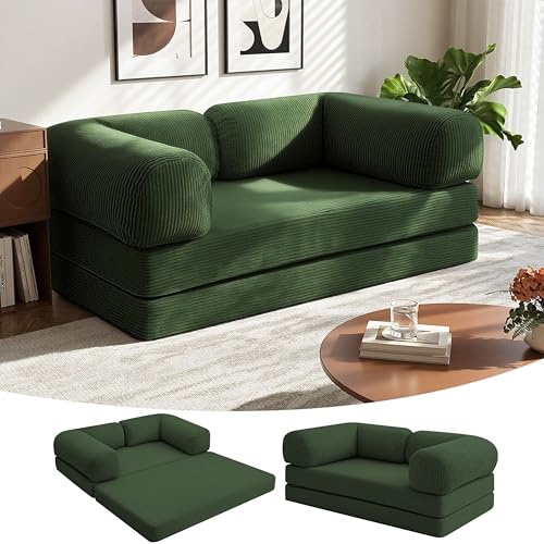 MeMoreCool 4-in-1 Boneless Couch, Umwandelbares Schlafsofa mit Armlehnen, Faltbare Matratze und Schlafsessel, Bequemes Schlafcouch für Wohnzimmer und Schlafzimmer als Lounge oder Gästebett, Grün
